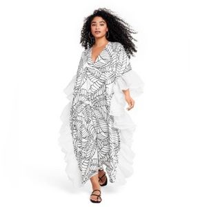 Sketch Palm Leaf Print Ruffle Trim Cover Up Dress Kaftan Kimono - Fe Noel Target